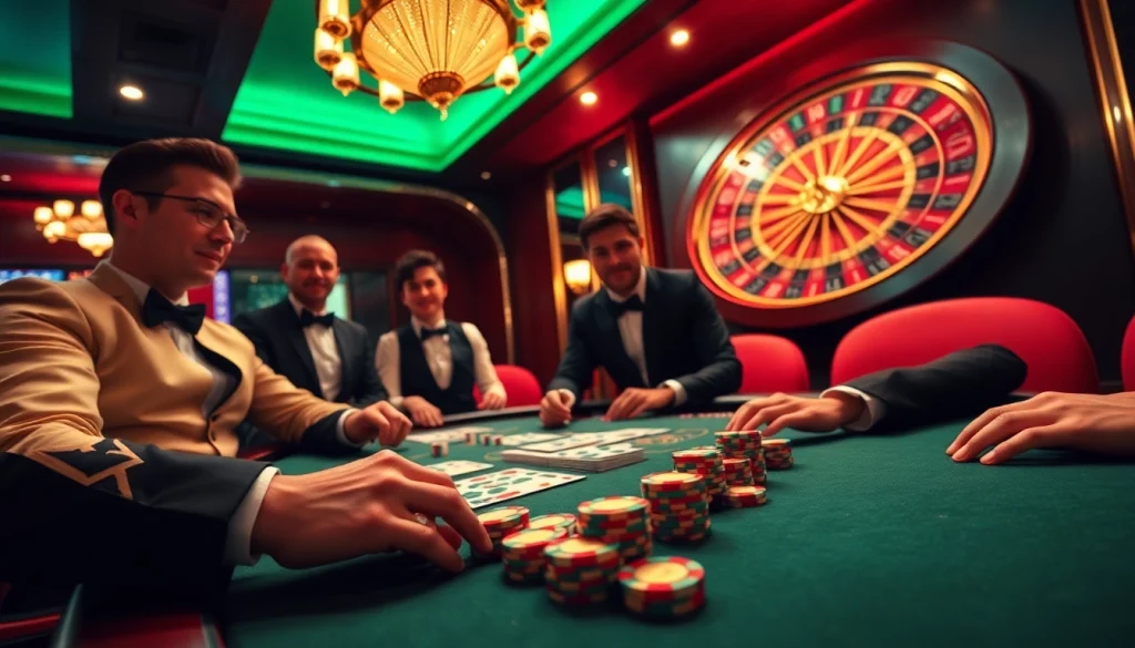 Poker players strategizing their next move at bdjl.org with vibrant chips and cards in a luxurious casino setting.