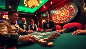 Poker players strategizing their next move at bdjl.org with vibrant chips and cards in a luxurious casino setting.