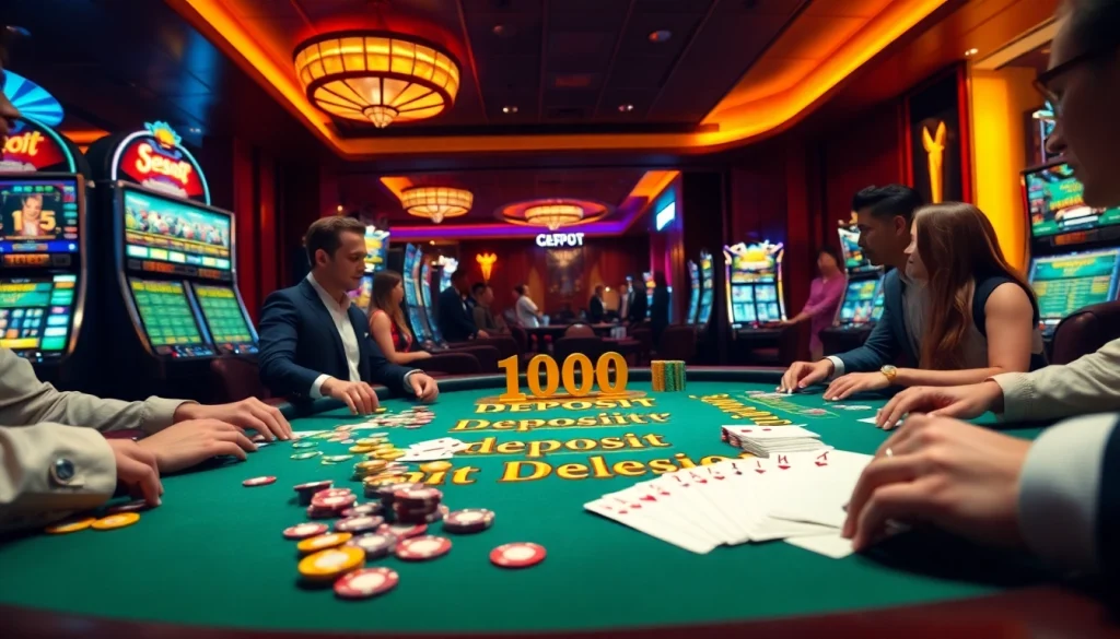 Gamblers excitedly place bets at a luxurious casino table, featuring "Deposit 1000" prominently.
