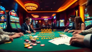 Gamblers excitedly place bets at a luxurious casino table, featuring "Deposit 1000" prominently.