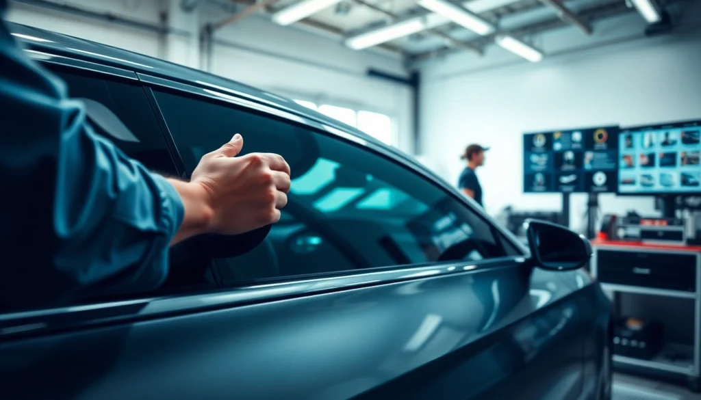Install window tint near me with expert technicians in a modern garage setting.