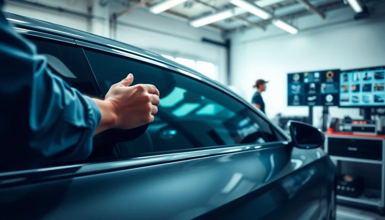 Install window tint near me with expert technicians in a modern garage setting.