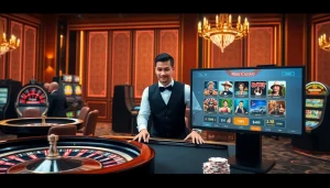 Experience exciting gameplay at RR88 with immersive casino elements like tables and slot machines.