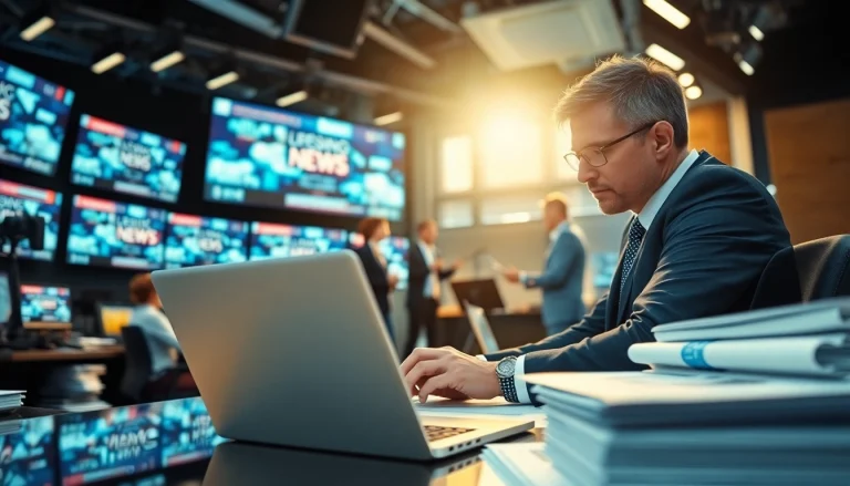 Journalist researching at https://www.thedailynewsonline.com, surrounded by modern newsroom technology.