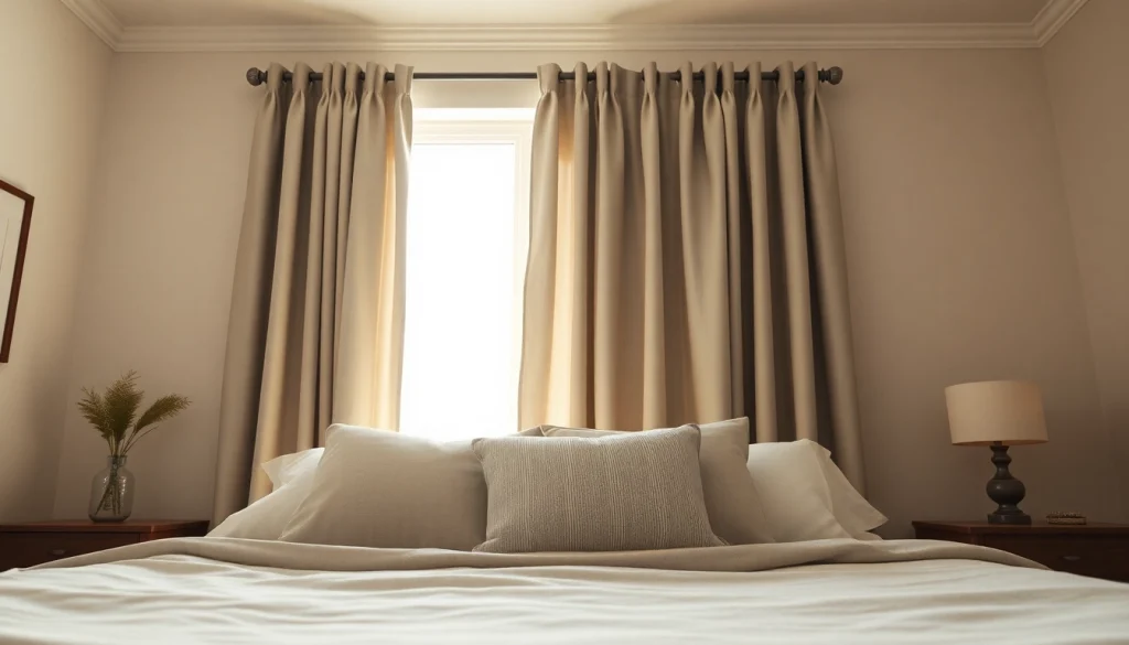 Verduisterende gordijnen in stijlvolle slaapkamer met warme verlichting en serene sfeer.