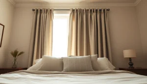 Verduisterende gordijnen in stijlvolle slaapkamer met warme verlichting en serene sfeer.