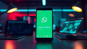 Explore advanced features of GB WhatsApp displayed on a smartphone in a modern tech workspace.
