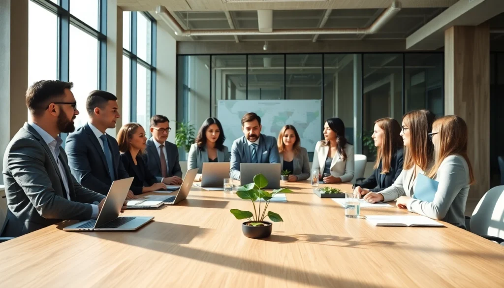 An engaged environmental law firm team strategizing solutions in a modern office.