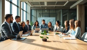 An engaged environmental law firm team strategizing solutions in a modern office.