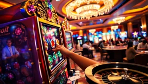 Rasakan sensasi slot deposit pulsa melalui visual kasino yang hidup dengan pemain dan mesin slot.