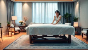 출장안마 service in a serene, upscale setting with a professional therapist preparing a calming atmosphere.