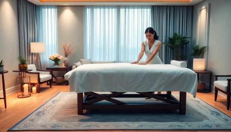 출장안마 service in a serene, upscale setting with a professional therapist preparing a calming atmosphere.