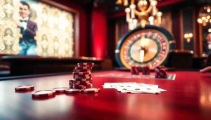 Exciting casino action showcasing 7m themed poker chips and cards on a luxurious table.