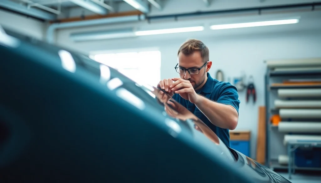 Applying auto window tint near me by a skilled technician in a bright workshop.
