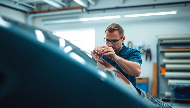 Applying auto window tint near me by a skilled technician in a bright workshop.