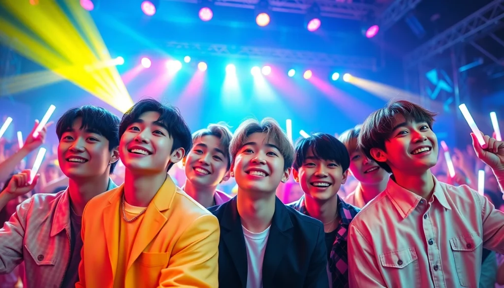 BTS news updates highlight members performing energetically at a vibrant concert.