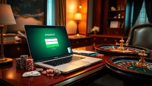 Access the professional dewacasino login interface amidst casino elements for an immersive gambling experience.