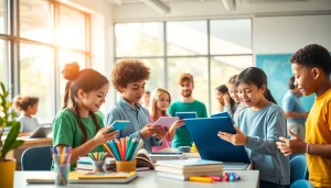 Education environment featuring students using technology and collaborative tools.