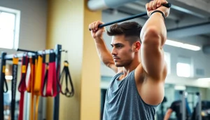 A fitness enthusiast using pull-up assist bands in a gym, demonstrating strength training and exercise versatility.