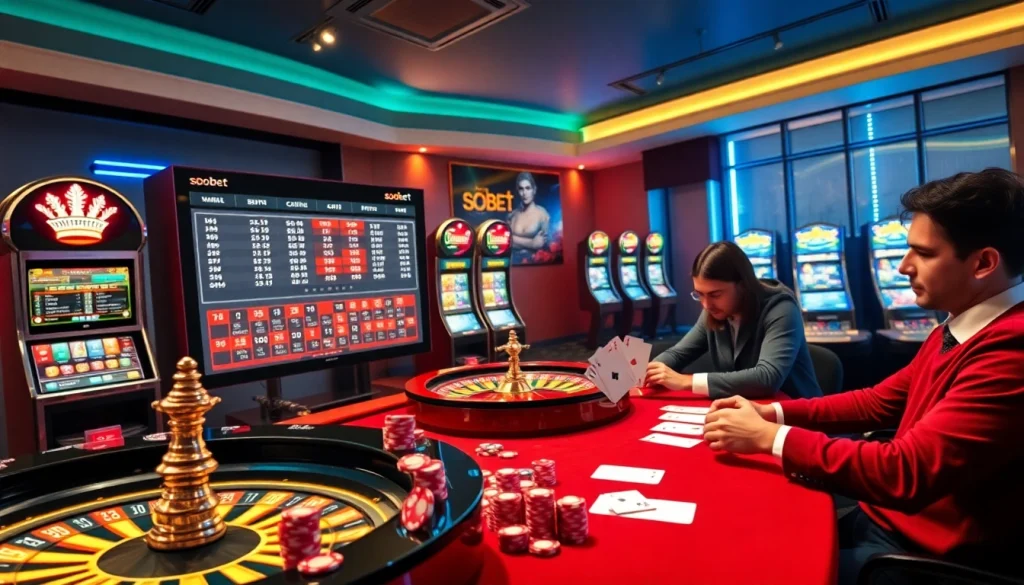 Sbobet betting interface showcasing vibrant odds and a thrilling casino environment with roulette and slot machines.