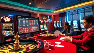 Sbobet betting interface showcasing vibrant odds and a thrilling casino environment with roulette and slot machines.