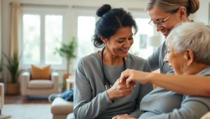 In home care Austin TX caregivers assisting elderly clients in a warm, cozy setting.