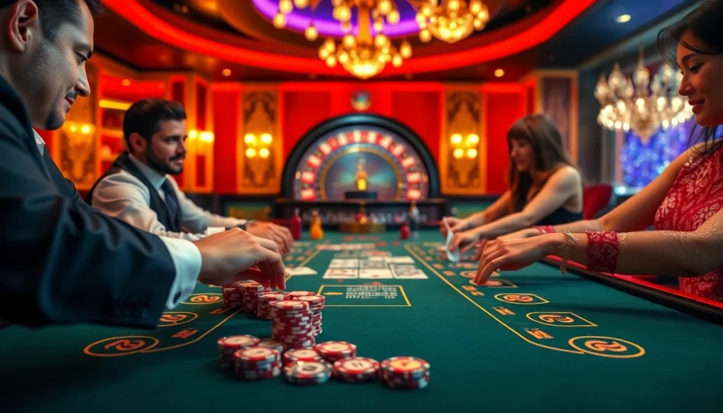 Exciting Blackjack action at 98win98 Casino, showcasing players, chips, and a roulette wheel.