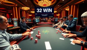 Experience the thrill of 32 WIN at a luxurious online casino with engaging poker games and vibrant atmosphere.