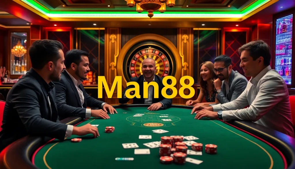 Man88 players enjoying blackjack and roulette in an upscale casino atmosphere.