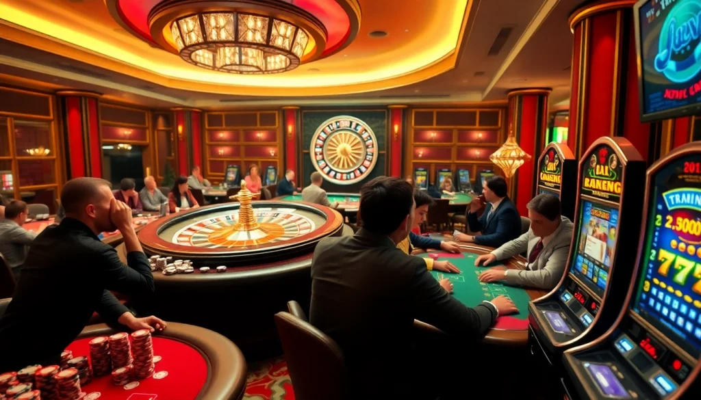 Exciting casino gameplay at https:/sc88.bz/ featuring roulette, blackjack tables, and vibrant slot machines.