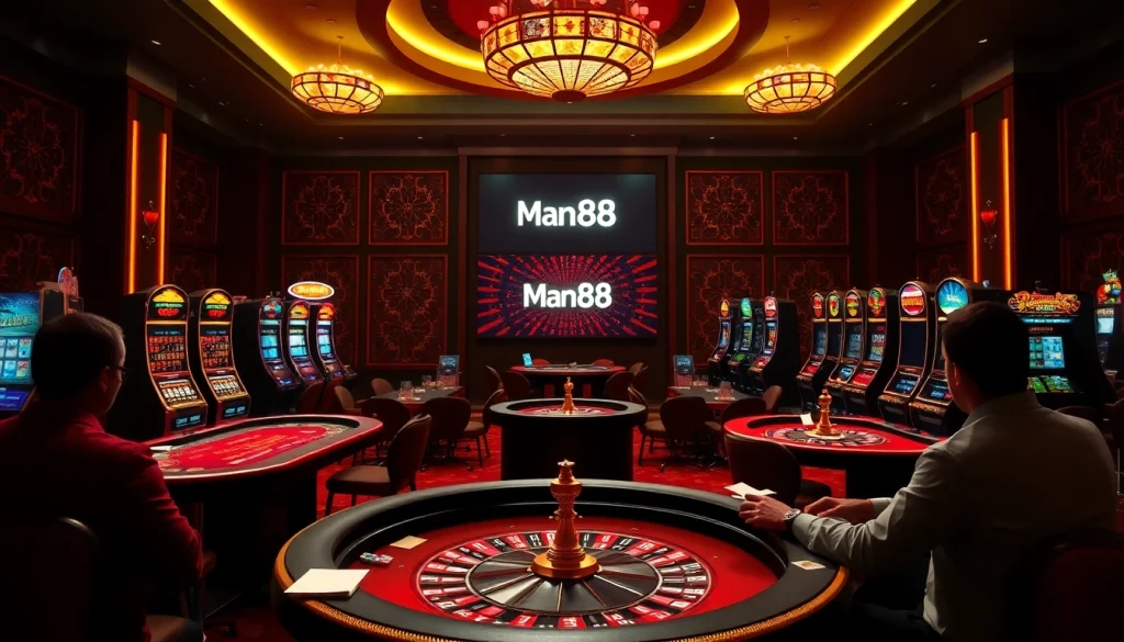 Experience thrilling gaming action at Man88's casino tables with poker chips and roulette.