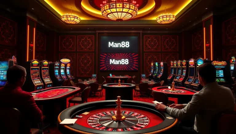 Experience thrilling gaming action at Man88's casino tables with poker chips and roulette.