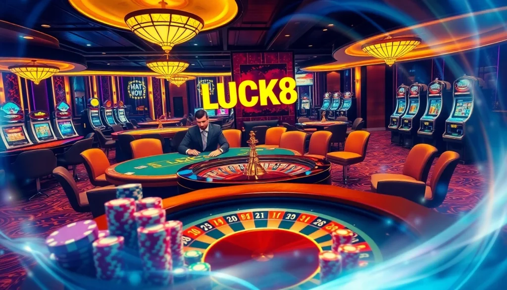 Thương hiệu LUCK8 chiếu sáng trên cảnh casino sang trọng với bàn chơi đầy màu sắc và chip bài poker.