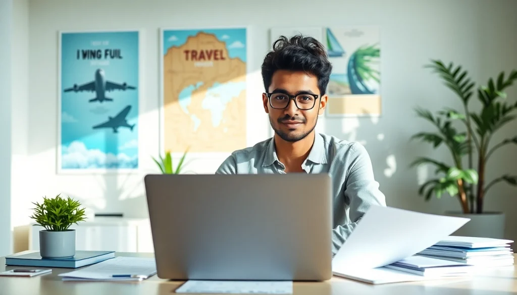 Apply for uk eta online application at a bright desk with paperwork and a laptop.