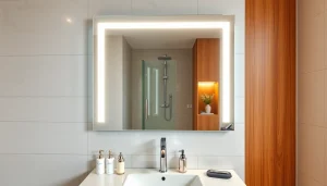 Admire an elegant bathroom mirror framed with LED light, enhancing a luxurious bathroom design.