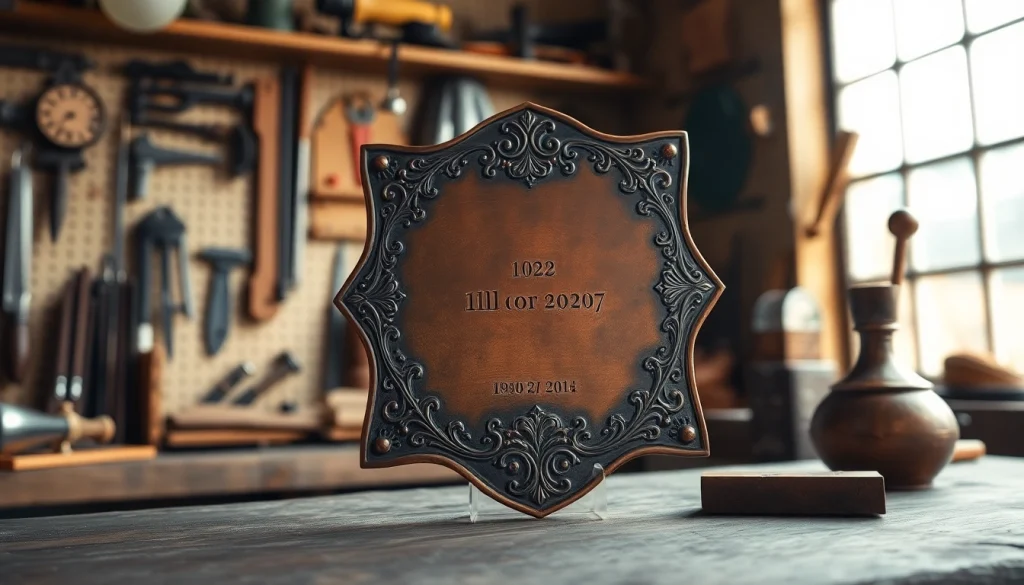 Placă de bronz de înaltă calitate care prezintă gravuri intricate într-un atelier de artizanat călduros.