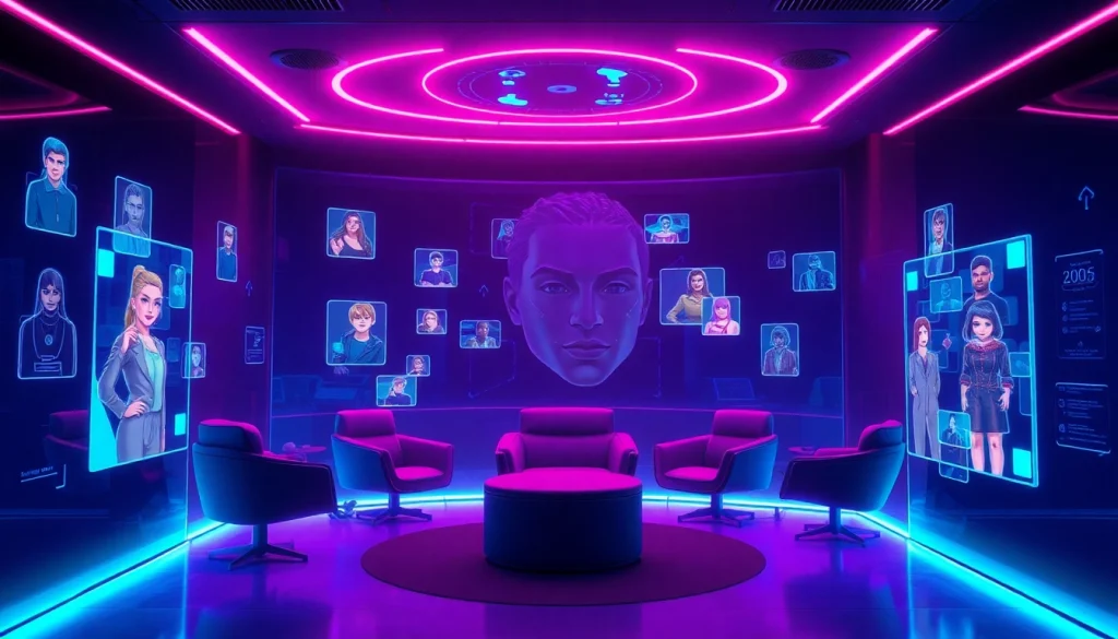 Engaging scene of nsfw ai chat in a modern virtual chat room with holographic characters.