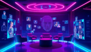 Engaging scene of nsfw ai chat in a modern virtual chat room with holographic characters.