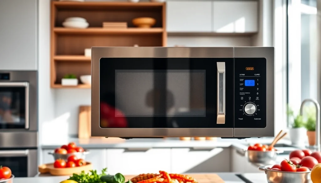 Enhancing microwave oven sales with a sleek design showcased in a bright kitchen setting.