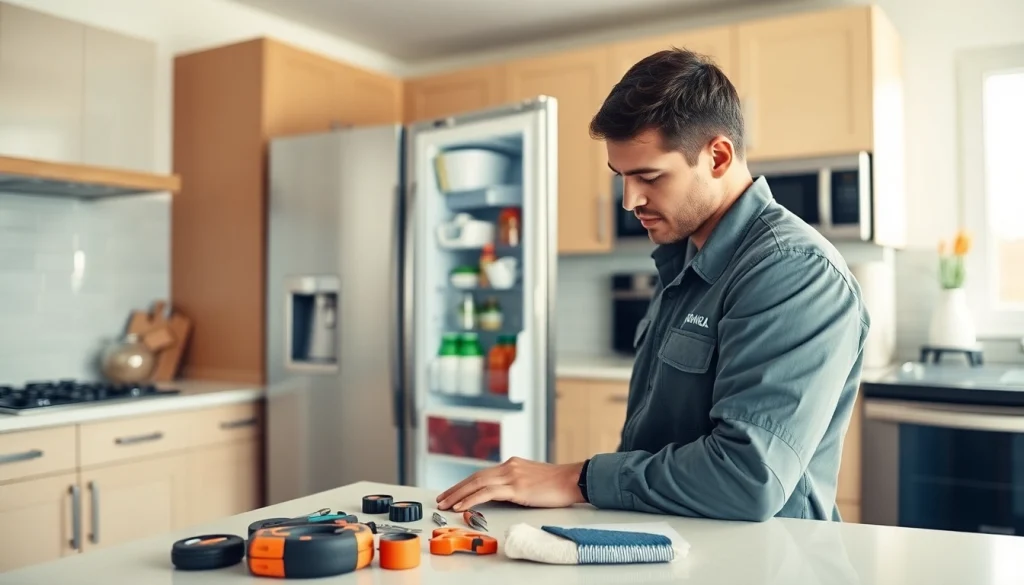 Expert appliance repair technician fixing a refrigerator in a bright kitchen.