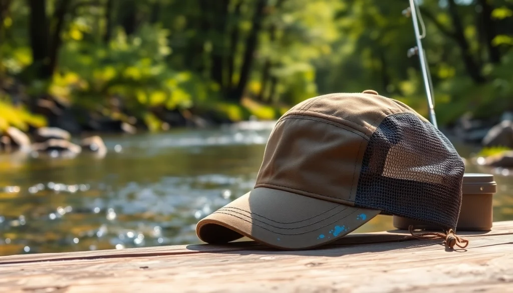 Stylish fly fishing hat resting by a serene stream, perfect for outdoor enthusiasts.