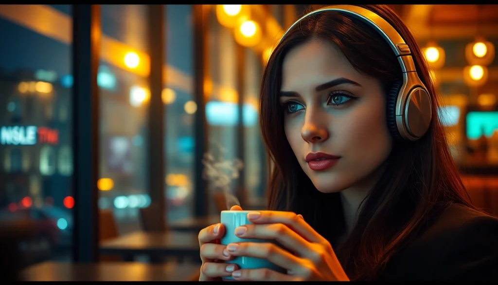 Image to prompt of a young woman in a cafe generating AI prompts, with a vibrant cityscape in the background.
