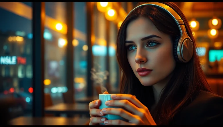 Image to prompt of a young woman in a cafe generating AI prompts, with a vibrant cityscape in the background.