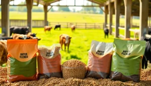 Cattle Feed displayed prominently in a bright barn, showcasing quality and variety for livestock nutrition.