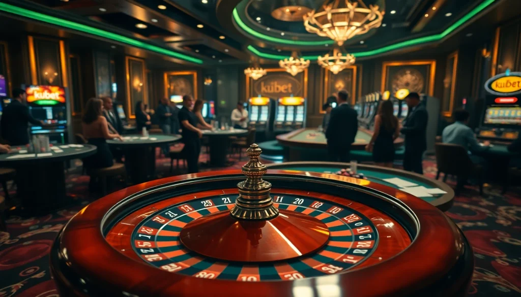 Kubet casino scene showcasing lively gambling, poker tables, and roulette wheel excitement.