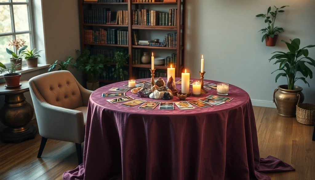 キャンドル、クリスタル、暖かい環境照明のある電話占い当たるのための穏やかなタロットリーディングスペースを発見してください。