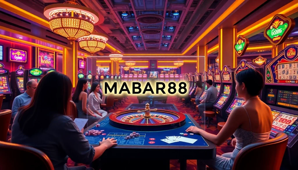 Antarmuka kasino online MABAR88 yang menampilkan mesin slot berwarna-warni dan pemain yang terlibat.