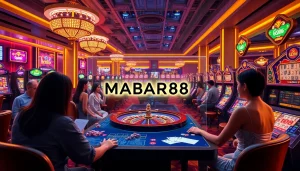 Antarmuka kasino online MABAR88 yang menampilkan mesin slot berwarna-warni dan pemain yang terlibat.