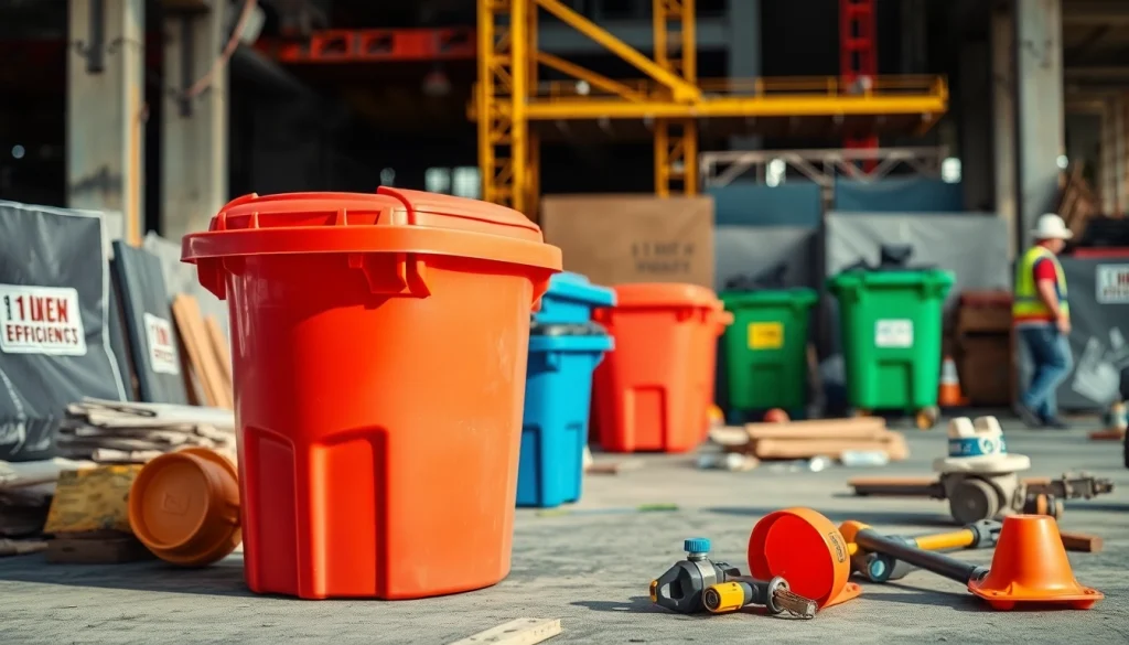 Engaging disposal bins rental service showcased with vibrant colors and active construction in background.
