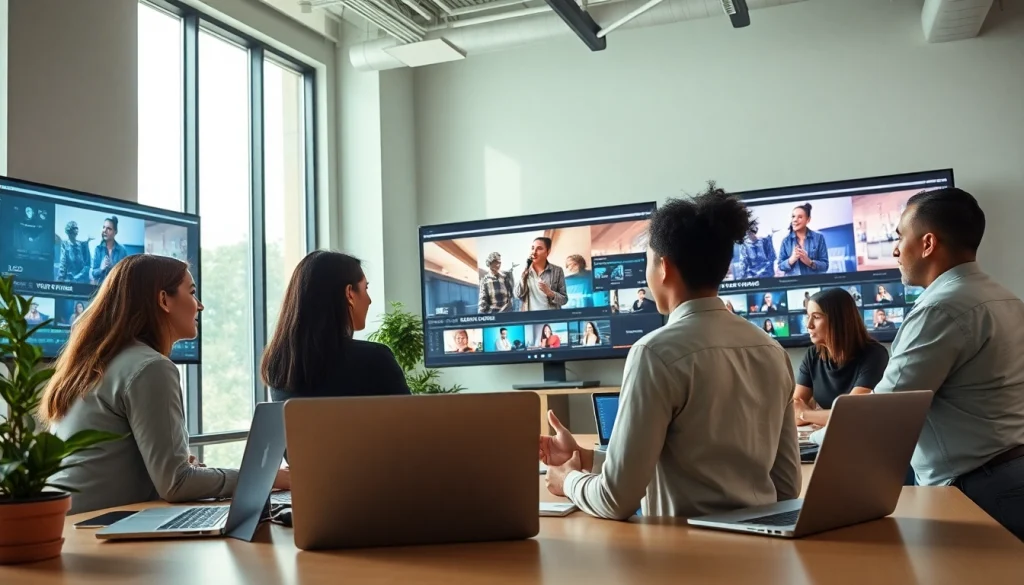 Generate video to prompt ai in a modern collaborative workspace with diverse professionals analyzing video content.